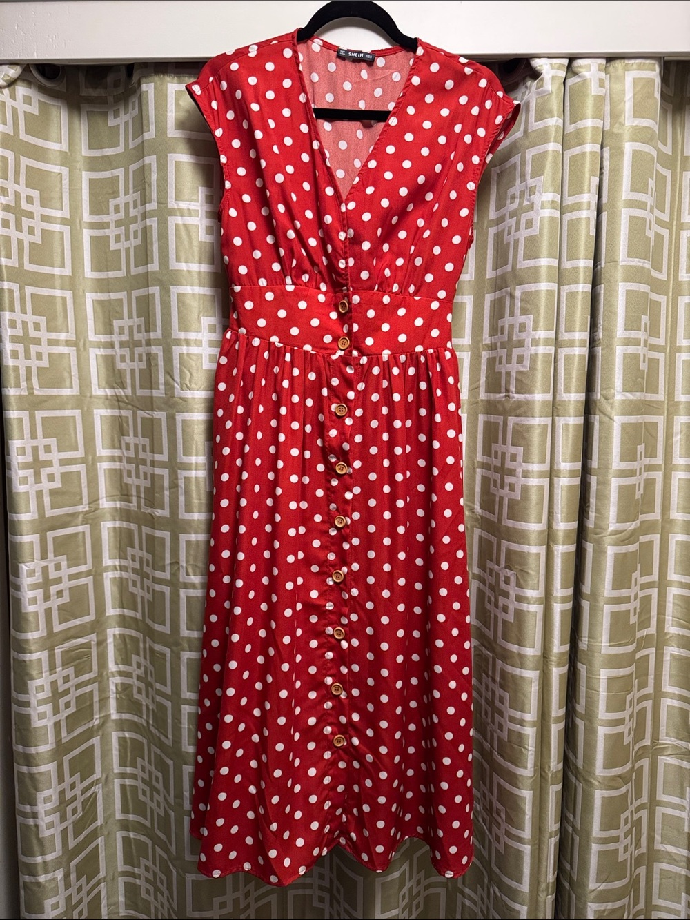 SHEIN Red & White Polka Dot Button-Front Midi Dress